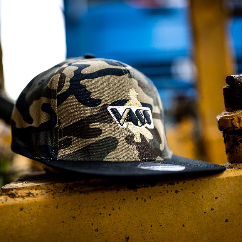 Vass SnapBack Fishing Cap – Camo with Black Peak